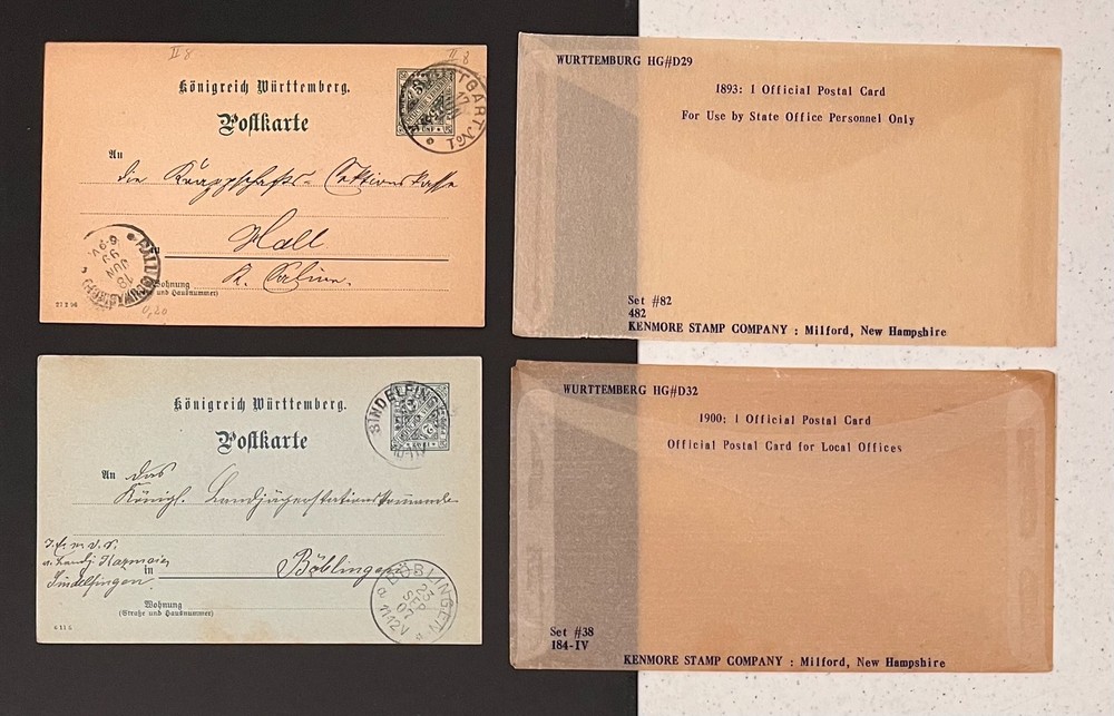 Wurttemburg Germany Postal Card 1893 HG D29 + 1900 HG D32 State + Local Office