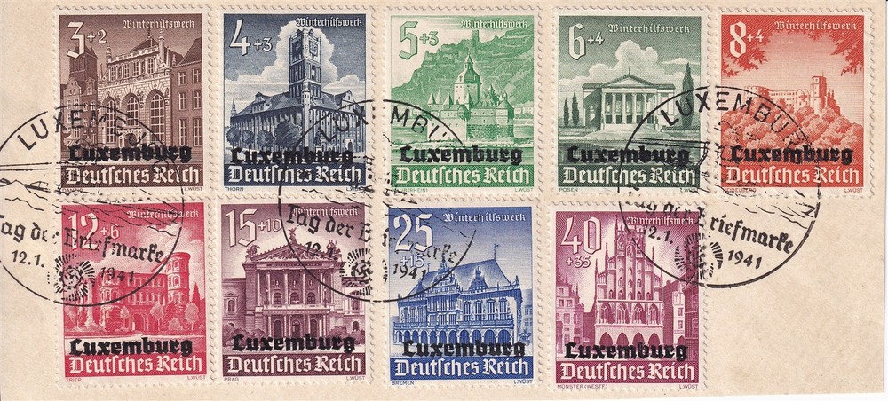 Lot Stamp Germany Luxembourg Sc NB1-9 WW2 1941 Reich War Occupation on Paper CTO