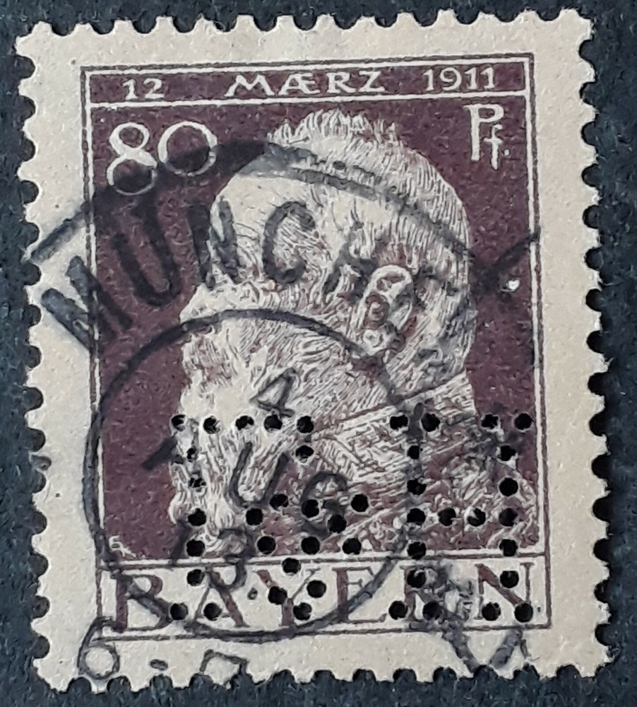 1913 Bavaria 80 Pfg dark violet Luitpold stamp L&H perfin canc Munich