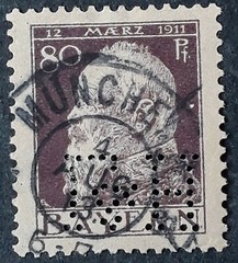 1913 Bavaria 80 Pfg dark violet Luitpold stamp L&H perfin canc Munich
