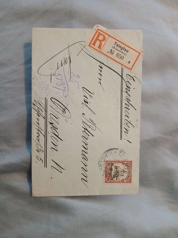 ​Kiautschou 1913 Registered Cover Tsingtau to Dresden Yacht 20c wmk Mi 44 Rare!