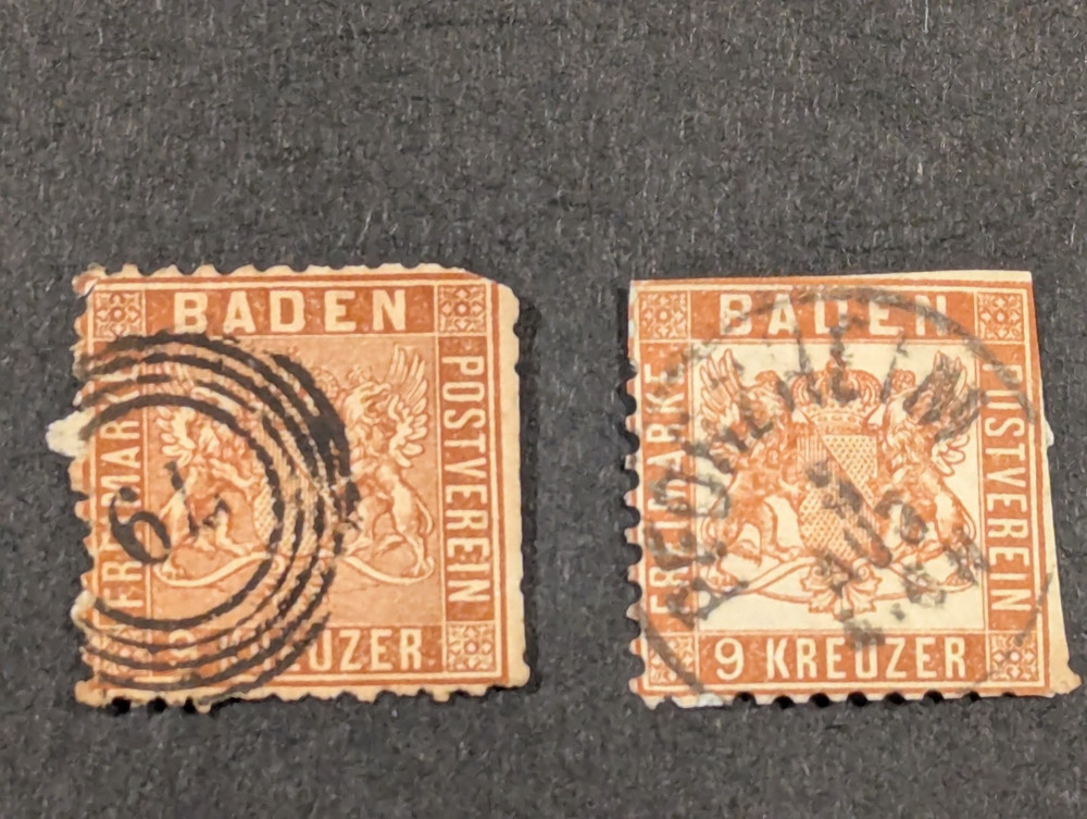 BADEN GERMANY 1862, 1864 9 Kreuzer Stamps Sc# 17, 23 Bullseye Cancel!