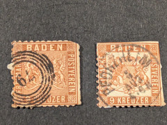BADEN GERMANY 1862, 1864 9 Kreuzer Stamps Sc# 17, 23 Bullseye Cancel!