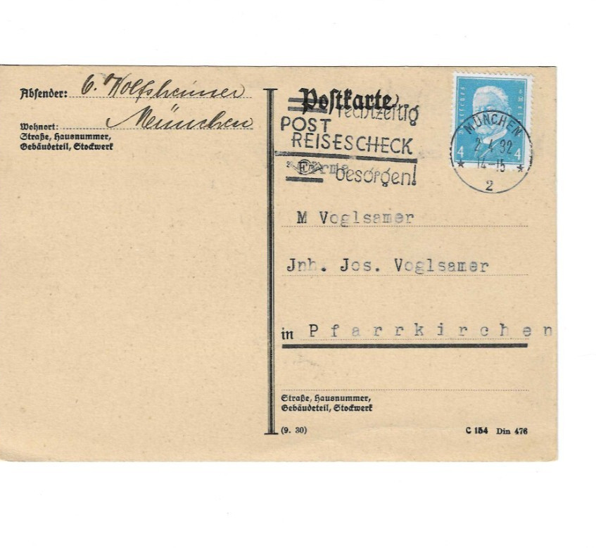 GERMANY 1932 Post Card sent from Munchen to Pfarkirchen – crease; Slogan Cancel