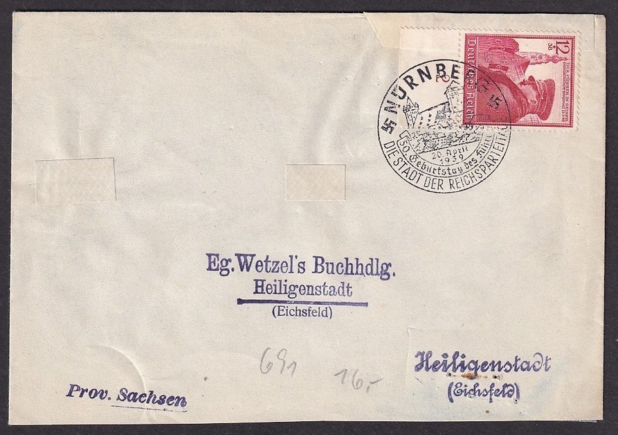 Germany #B131 1939 Birthday 12pf+38pf on cover special Nurnberg cancellation