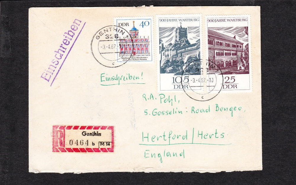 Commercially USED Germany DDR Registered 0464b Genthin 1967 to England z39