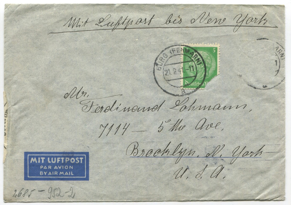 1941 Germany Airmail Cover to Brooklyn NY Censored Wehrmacht Tape