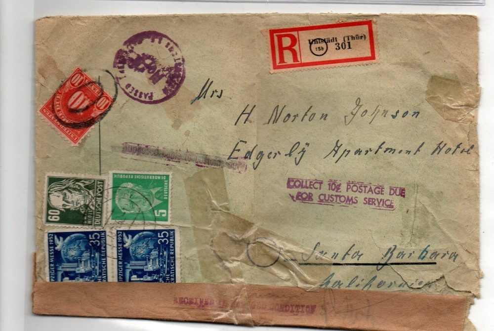 1952 East Germany censored Registered Postage Due cover to US