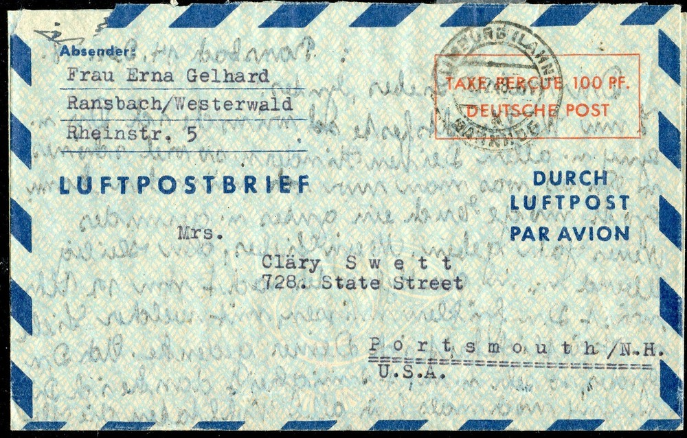 1948 LIMBURG (GERMANY) AIR LETTER to NEW HAMPSHIRE TAXE PERÇUE