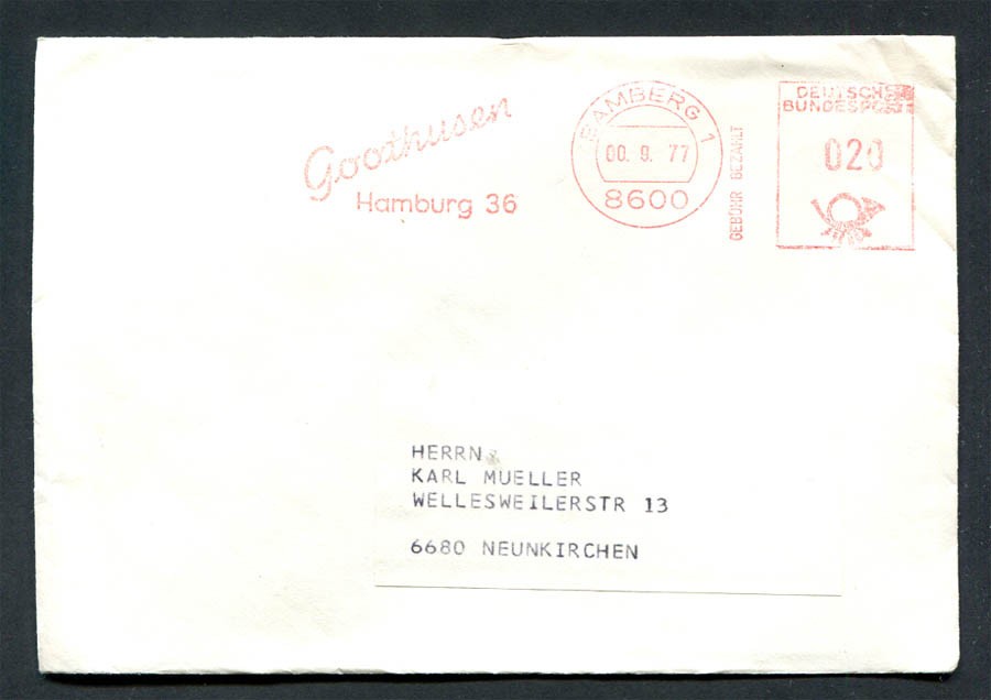 Germany – BRD : Interesting cover from Bamberg 1 (00.9.77) – machine franking