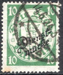 Danzig Stamp Scott #O43, 10pf, Official, Overprint, Green, Used, SCV$9.00
