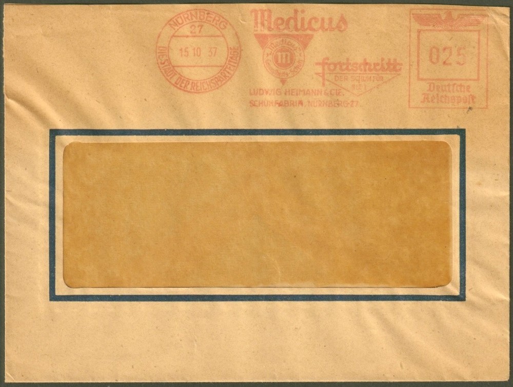 F-EX47794 GERMANY 1937 PIGNEY BOWES MACHINE CANCEL NURENBERG MEDICUS EAGLE BIRD.