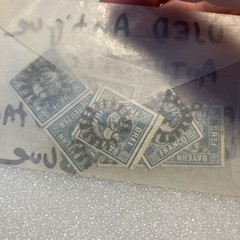 7 USED Antique Authentic Bavaria Bayern Stamps Blue 3 Kreuzer Numeral; 1850-1862