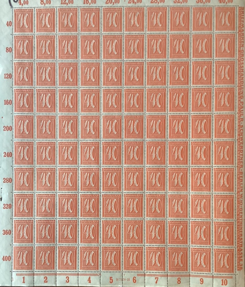 German Third Reich 40 Reichspfennig Orange Numeral Stamp Sheet of 100