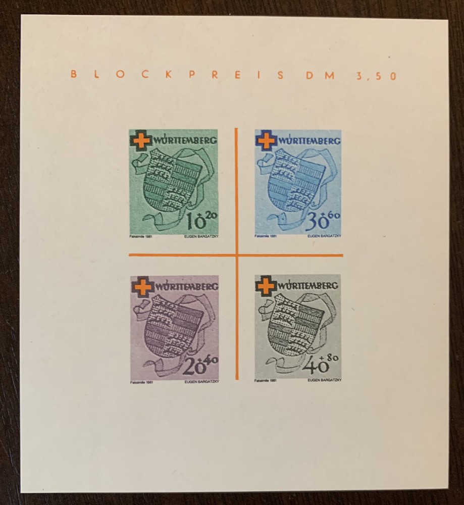 1981 WURTTEMBERG GERMANY IMPERF SOUVENIR SHEET FACSIMILE RED CROSS