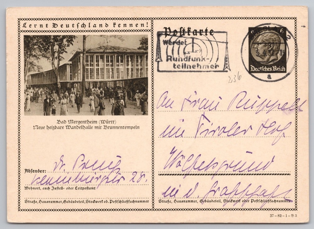 Germany Deutsches Reich 6pf Hindenburg Postal Stationary With A Special Postmark
