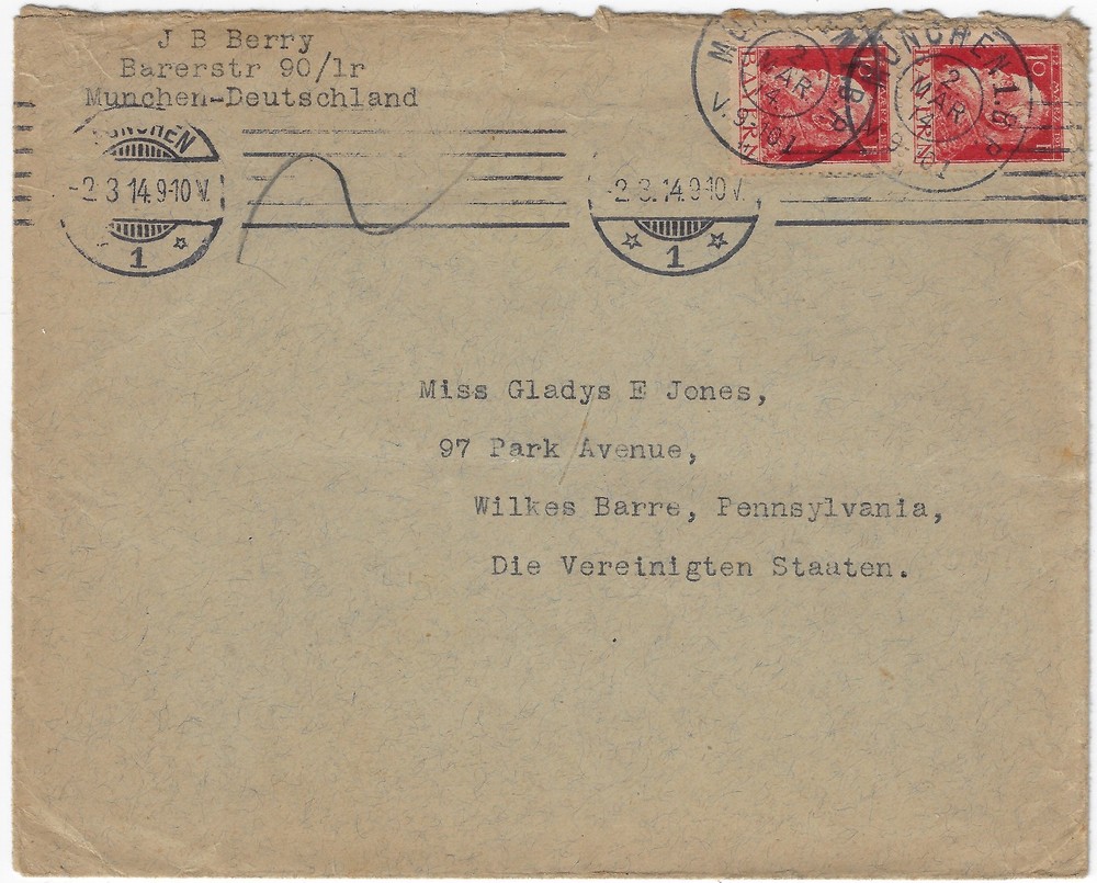 Germany-Bavaria 1914 cover, Scott 79 pair, Munich to Wilkes-Barre PA, (a9808