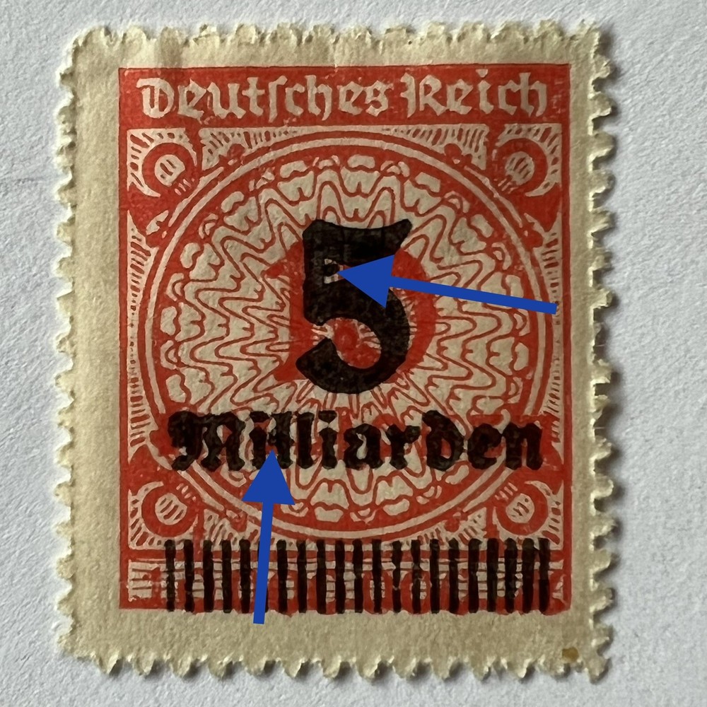 ERROR 1923 GERMANY STAMP #313/319 WITH BLOTCH DOTS $5,000,000,000 INFLATION