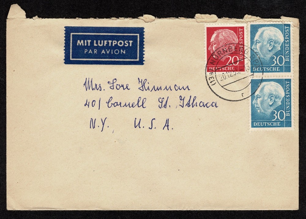 1954 German Heuss 30ph blue (2) plus 20 ph red on 1955 Air Mail cover to USA