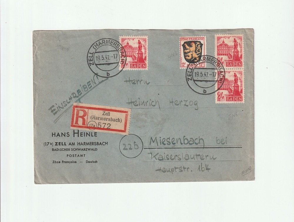 1947 BADEN French Zone Registered Re-used Cover to Miesenbach • Po