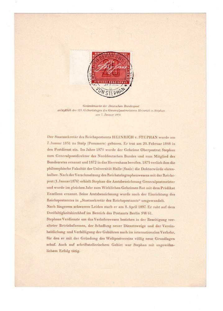 ETB – Berlin / BRD No1 -20 pf- 07.01.1956 – Heinrich von Stephan -Michel 227