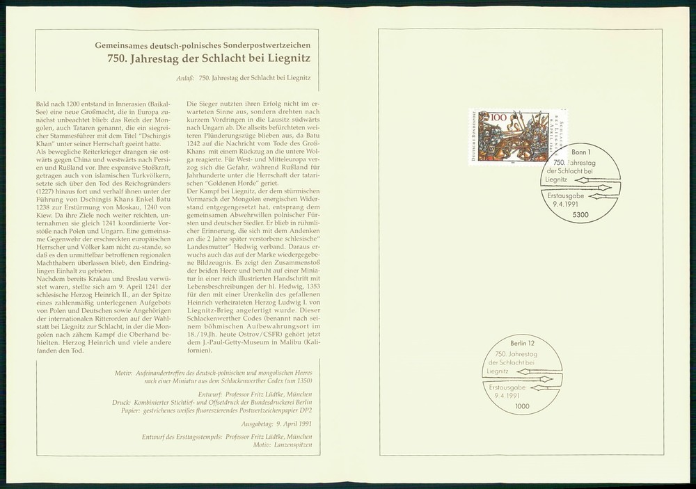 GERMANY FOLDER 1991/15 SCHLACHT BEI LIEGNITZ PFERDE RITTER REITER
