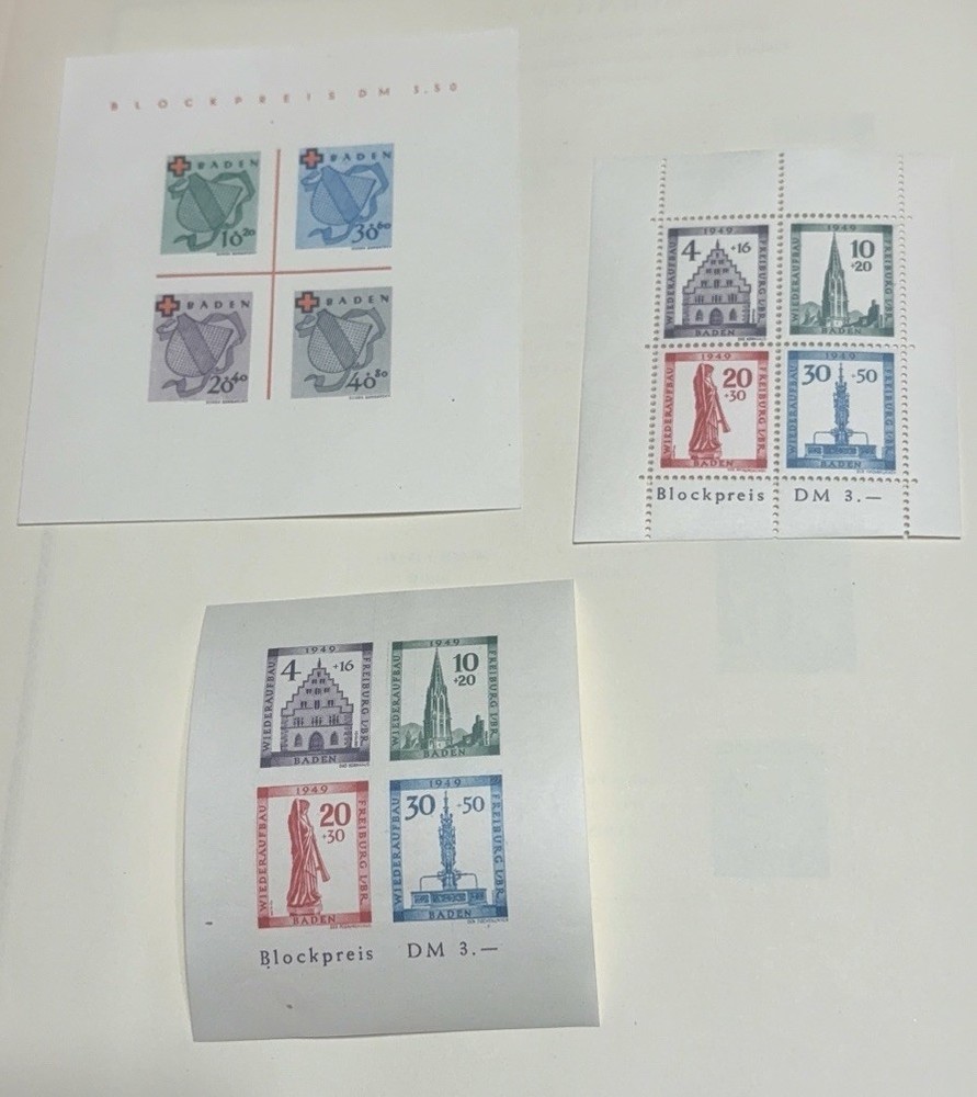 Baden 1949 Blockpreis Lot Red Cross + Freiburg Reconstruction Sc#5NB4a,5NB8a MLH