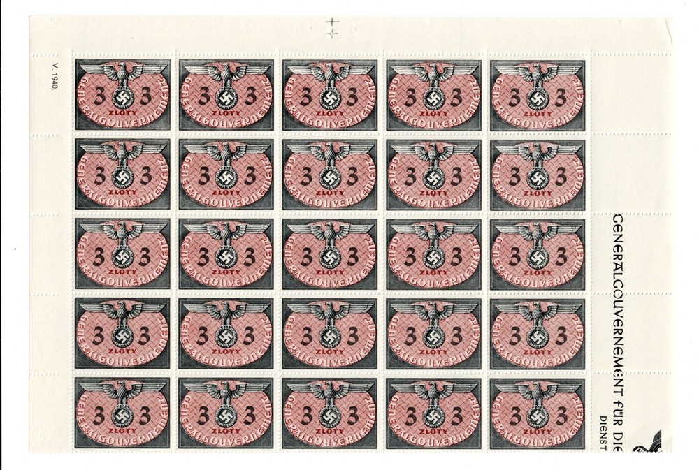 MNH stamp sheet Sc 014 WWII Swastika 1940 Third Reich Germany Occupied Poland