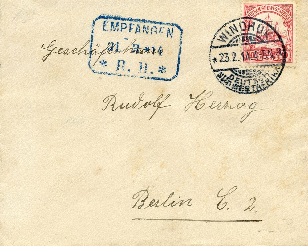 GSWA [X] Mi 26b 10PF CARMINE 23FEB14 WINDHUKa-GERMANY, BOXED RECEIPT STAMP $200