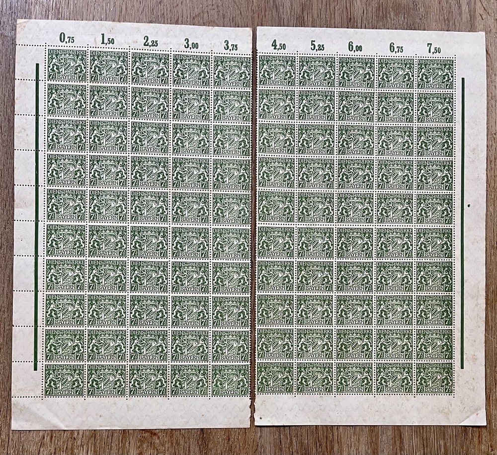 1916 BAYERN, DIENSTMARKE, 100 x 71/2 PFENNIG STAMPS, A FULL SHEET SPLIT IN HALF.