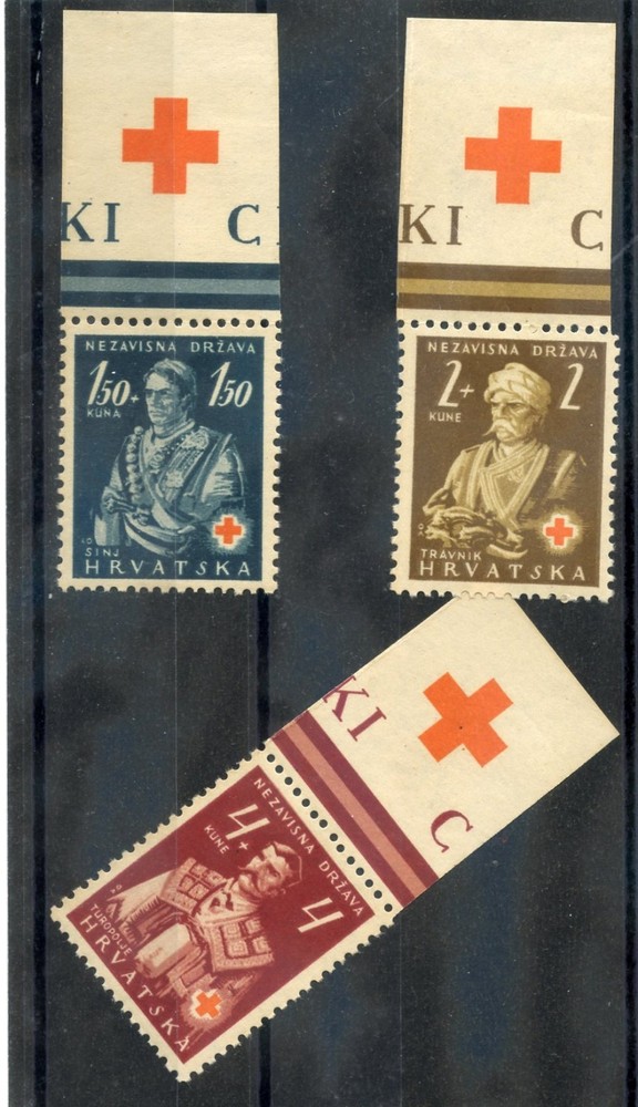CROATIA (KROATIEN) Sc B3-5(MI 66Zf-8Zf) **VF NH 1941 RED CROSS SET WITH TABS $20