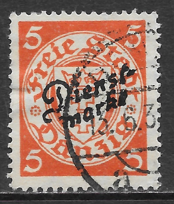 DANZIG SCOTT O42 USED F/VF – 1924 5pf RED ORANGE WITH OVPT. OFFICIAL ISSUE