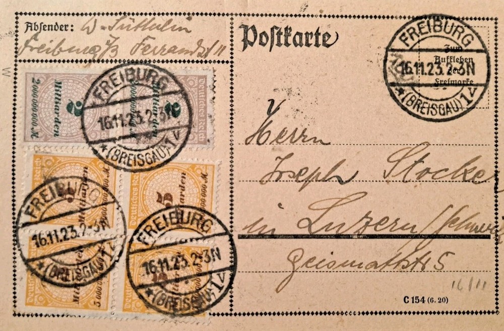 16.11.1923 Germany Freiburg Lucerne Inflation Correct Rate 24000000000 D7