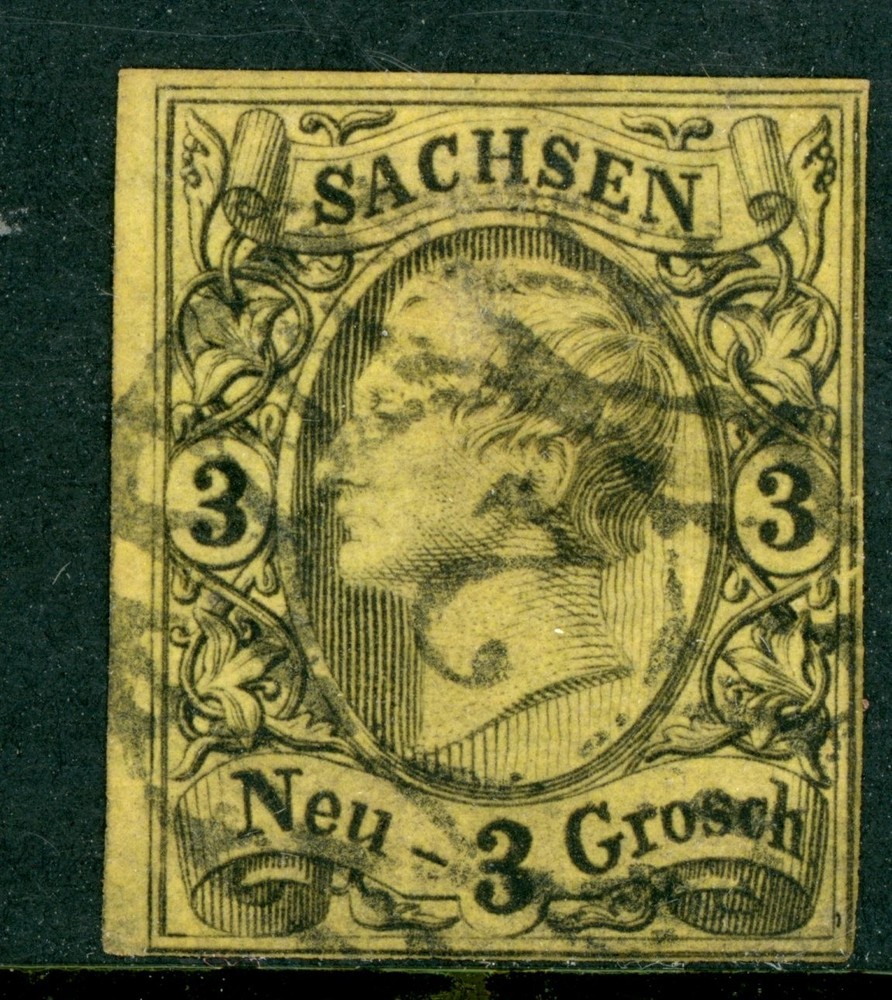 Germany States 1855 Saxony Sachsen 3 ngr Black/Yellow Scott #12 VFU L22