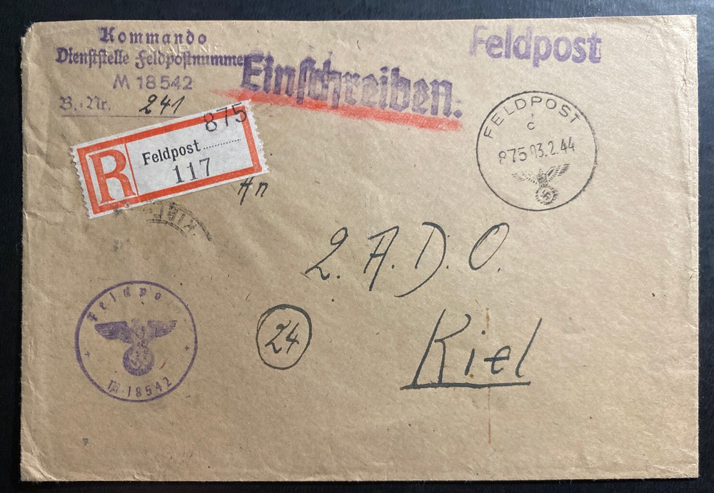 1944 Germany Kriegsmarine Feldpost 875 Cover To U Boat Fleet Kiel M18542