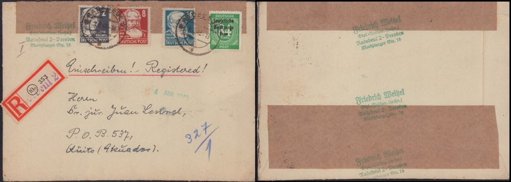 GERMANY 1948 SOVIETIC OCCUPATION STAMPS ON REGISTERED COVER TO ECUADOR