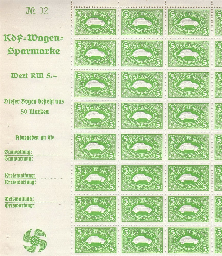 Stamp Germany Revenue KDF Sheet WWII 3rd Reich Automobile Volkswagen MNH