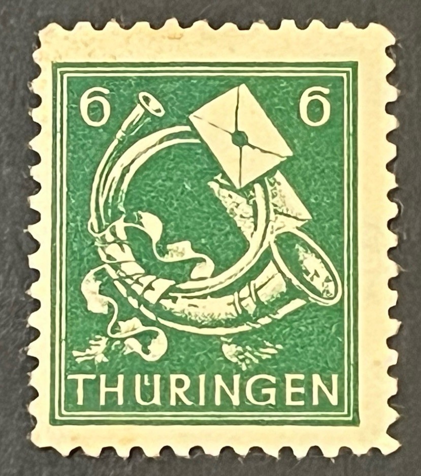 Travelstamps: Germany Thuringen Stamps Scott #16N4 – 6 Pfennig Post Horn MOGH
