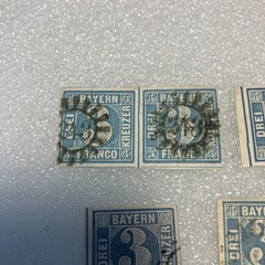 7 USED Antique Authentic Bavaria Bayern Stamps Blue 3 Kreuzer Numeral; 1850-1862