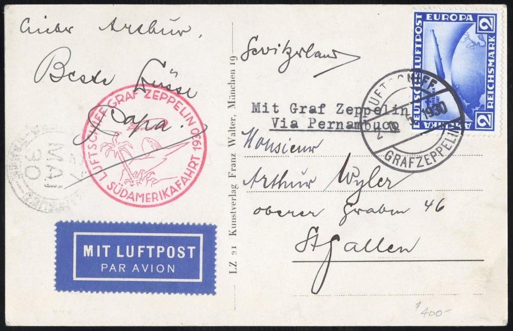 Germany Zeppelin Cover 1930 1st South America Flight 2RM Via Pernambuco