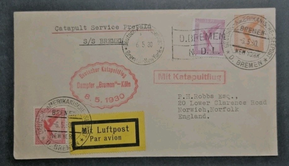 1930 S.S. Bremen Catapult Flight Katapultflug England Seapost Germany Cover