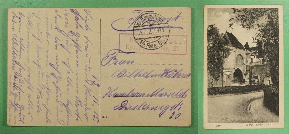 DR WHO 1915 GERMANY WWI FELDPOST 14 RES DIV LAON POSTCARD R45524