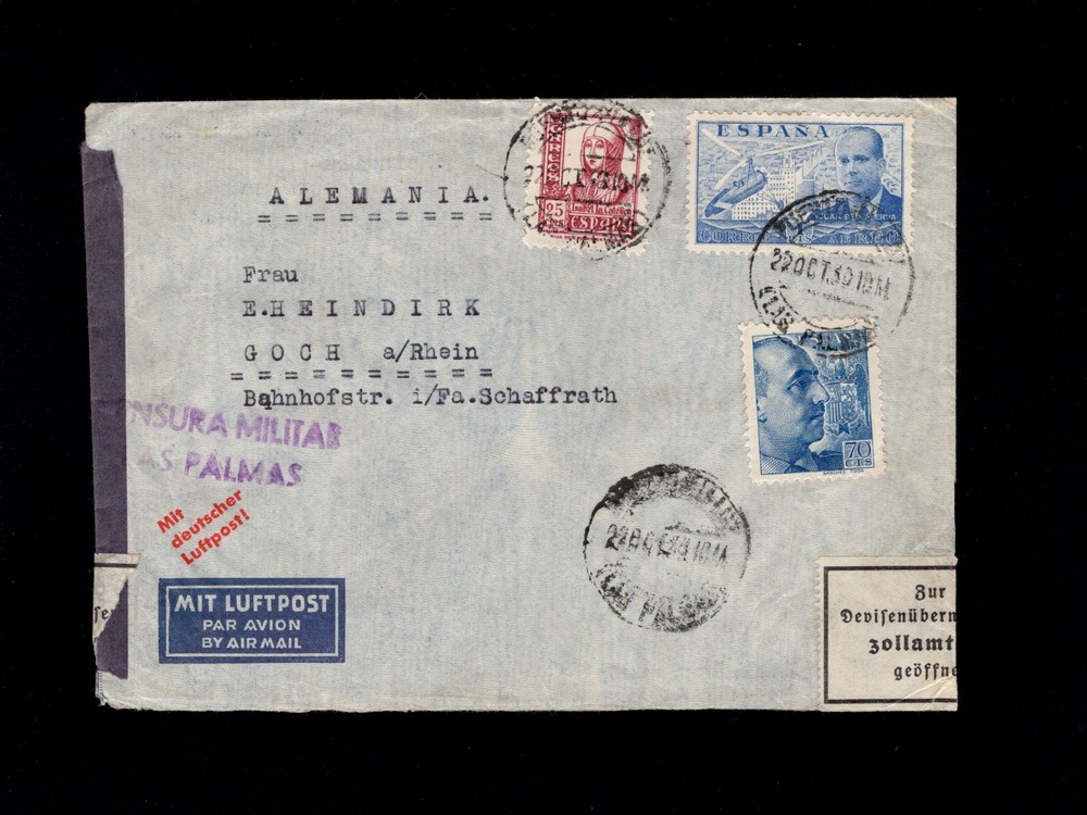 Spain Germany WWII Canary Islands Spanish & Scarce German Customs As Censor 7p