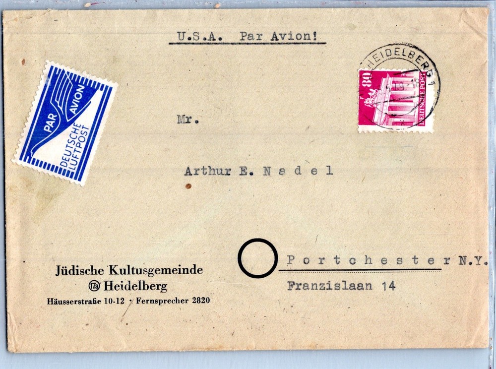 GERMANY 1949 POSTAL AIRMAIL LABEL COVER ADDR USA & POSTMARK HEIDELBERG