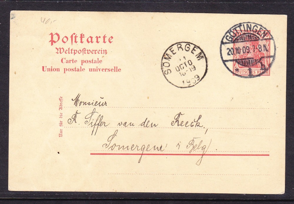 Germany 1909 Lettercard Gottingen to Somergem. Belgium + Back
