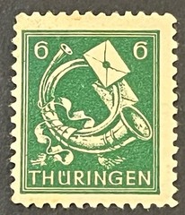 Travelstamps: Germany Thuringen Stamps Scott #16N4 – 6 Pfennig Post Horn MOGH
