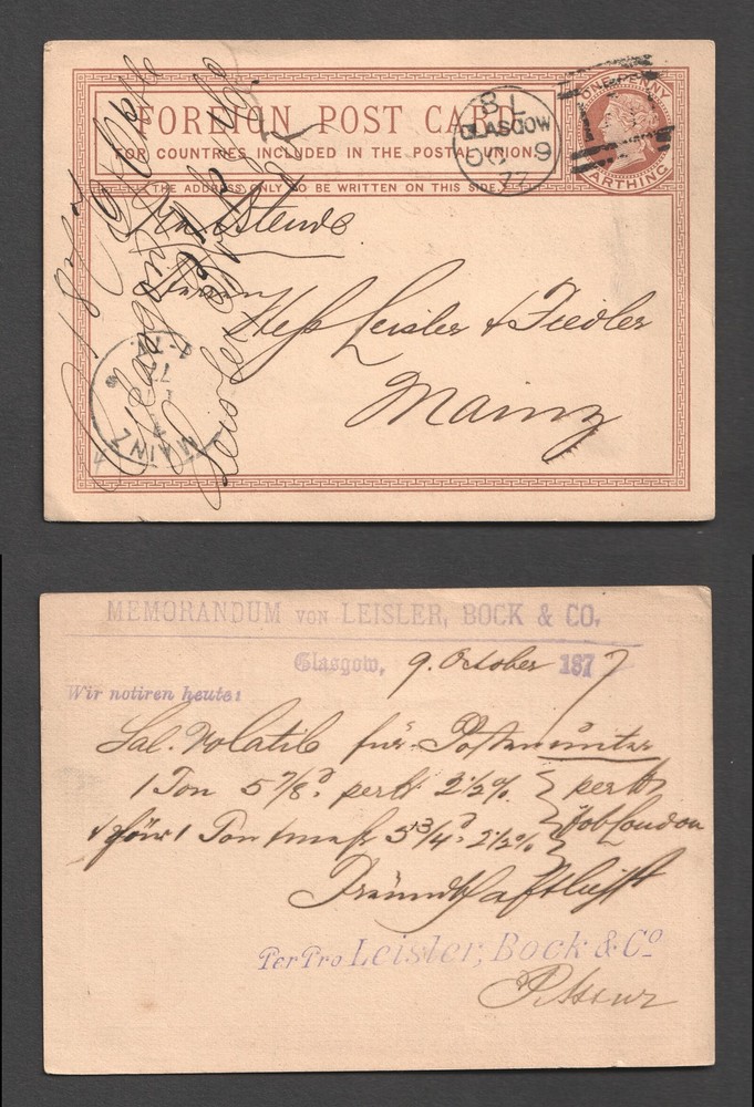 QV 1¼d Postal Stationery Foreign Postcard Glasgow 1877 To Germany Mainz