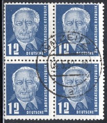 German DDR Stamp Scott #54, 12pf, Wilhelm Pieck, Block of 4, Used, SCV$6.00