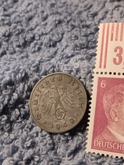 1940 German 10 Pfenning ~ km#101 , WW2 Germany ~ + 6pf. Stamp, Has Flaws