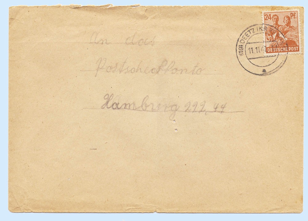 Germany 1947 Post WW2 Cover Deetz to Hamburg #596 Solo Use